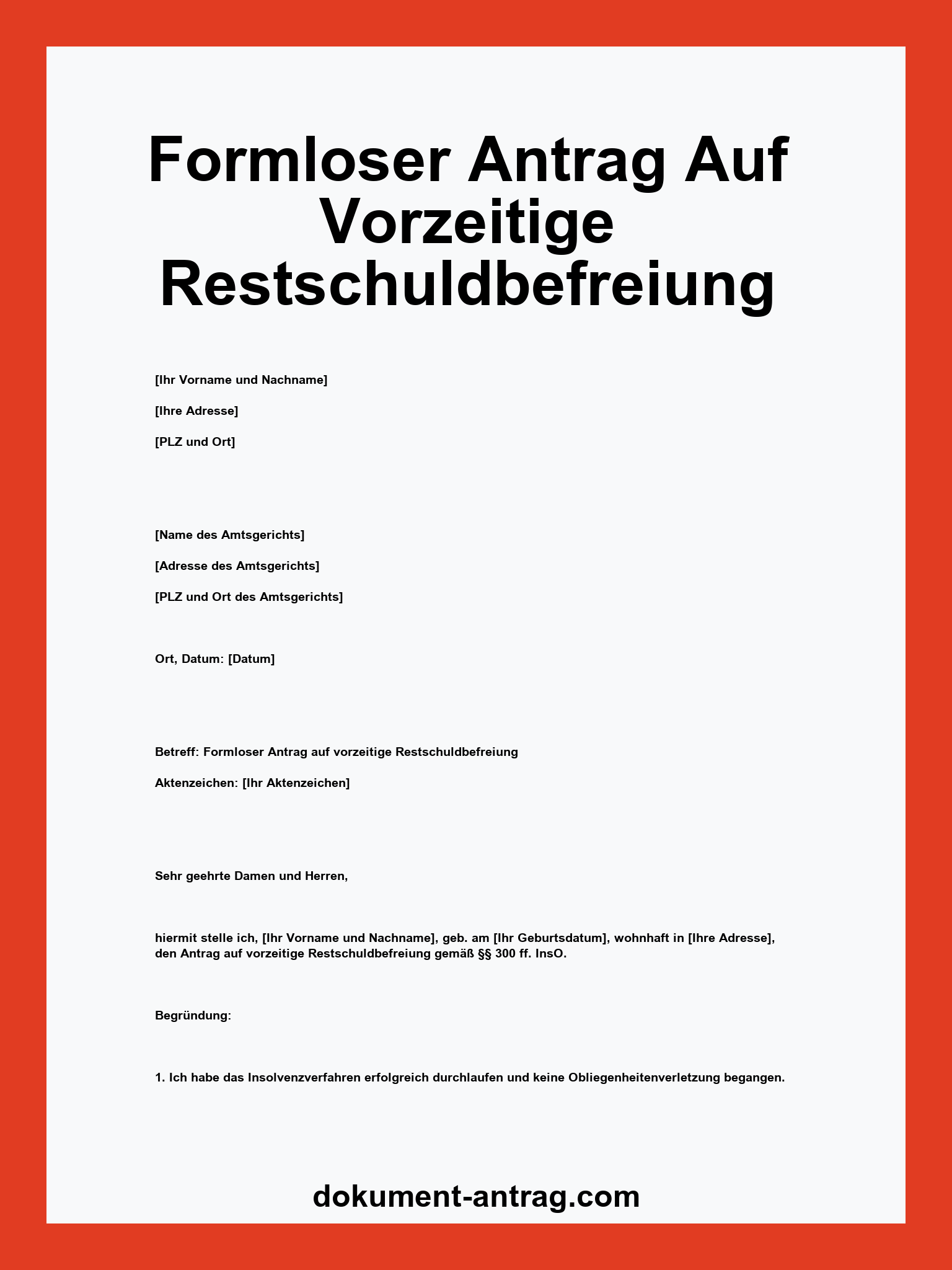 Formloser Antrag Auf Vorzeitige Restschuldbefreiung Vorlage