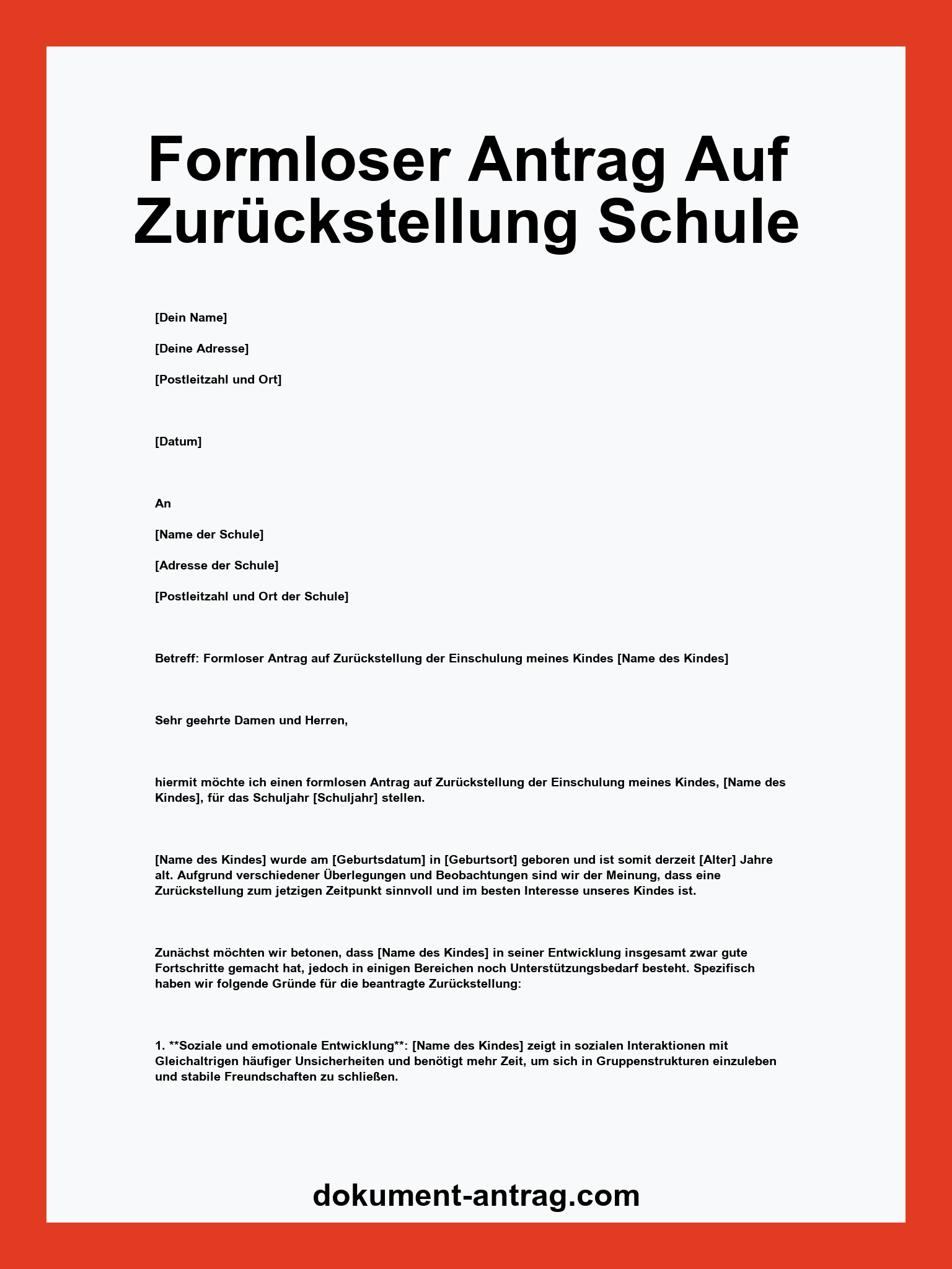 Formloser Antrag Auf Zurückstellung Schule Vorlage