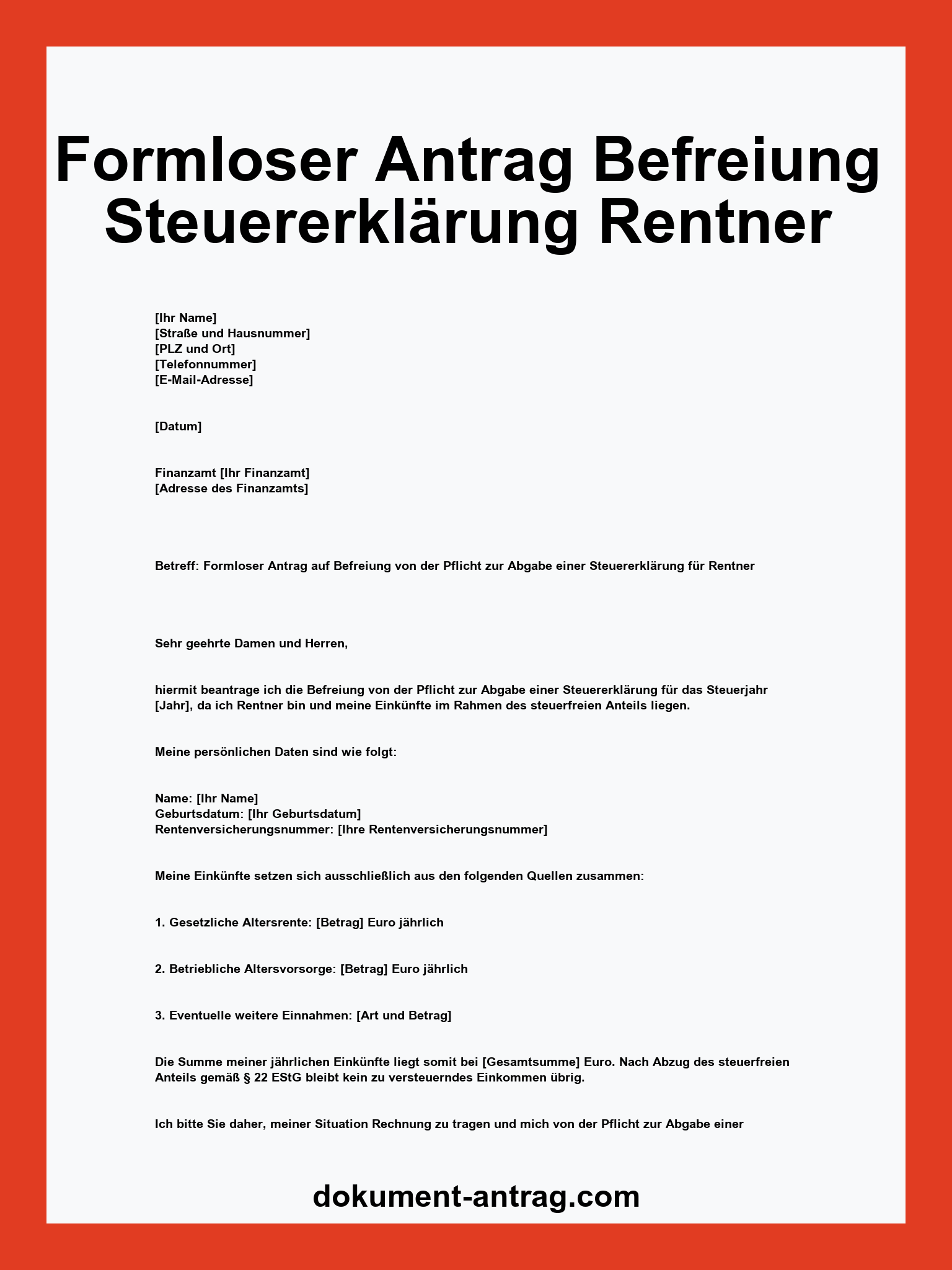 Formloser Antrag Befreiung Steuererklärung Rentner