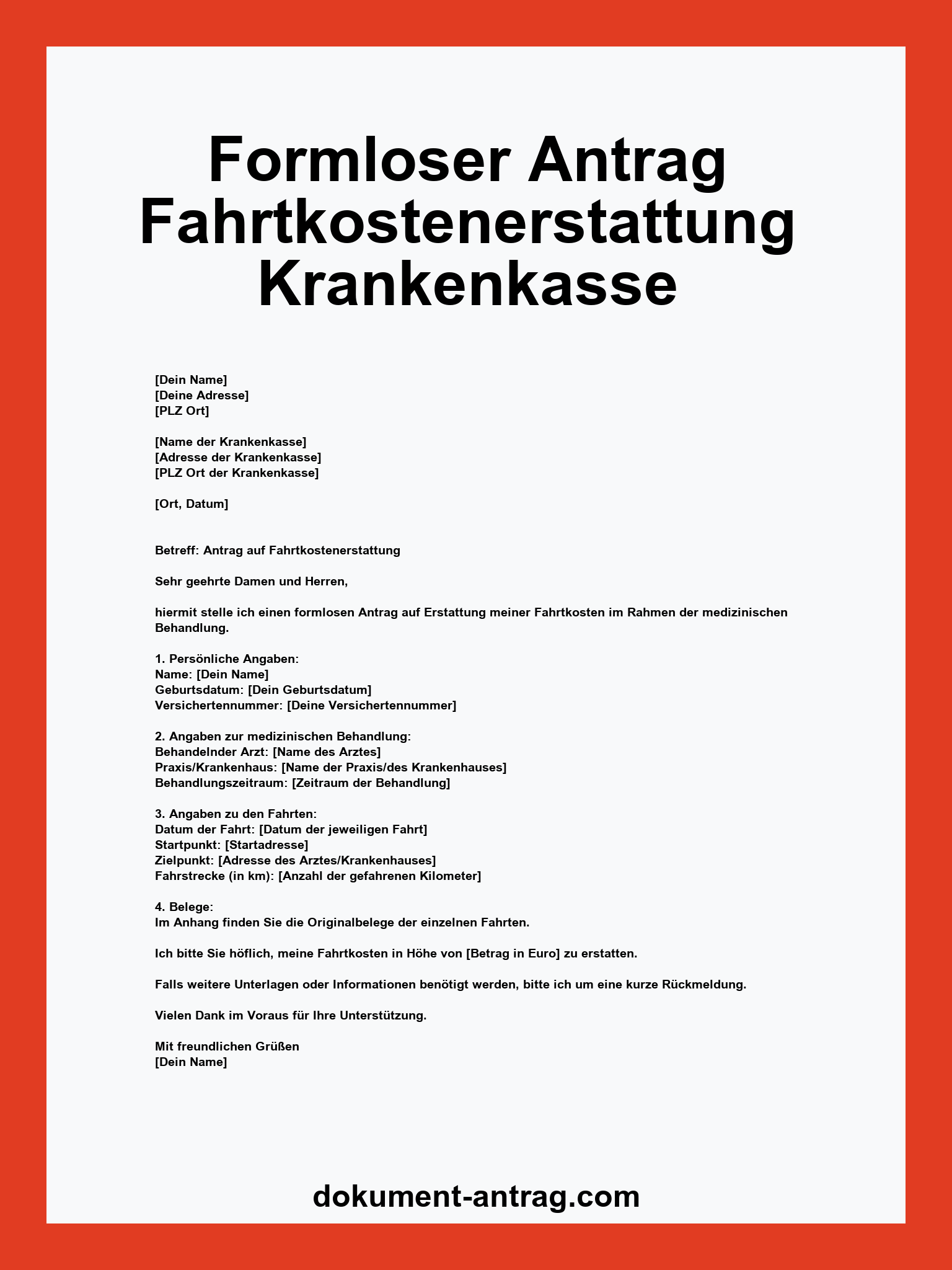 Formloser Antrag Fahrtkostenerstattung Krankenkasse