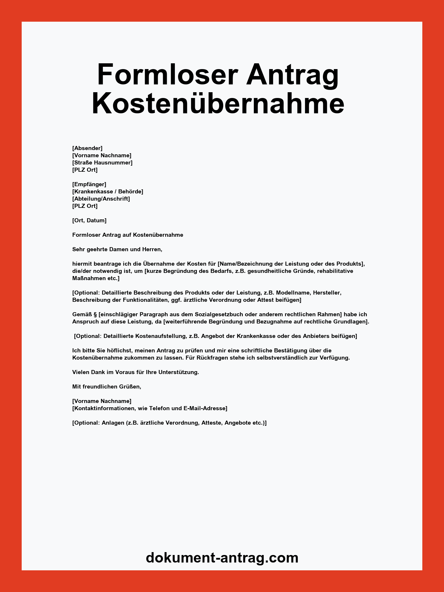 Formloser Antrag Kostenübernahme Muster