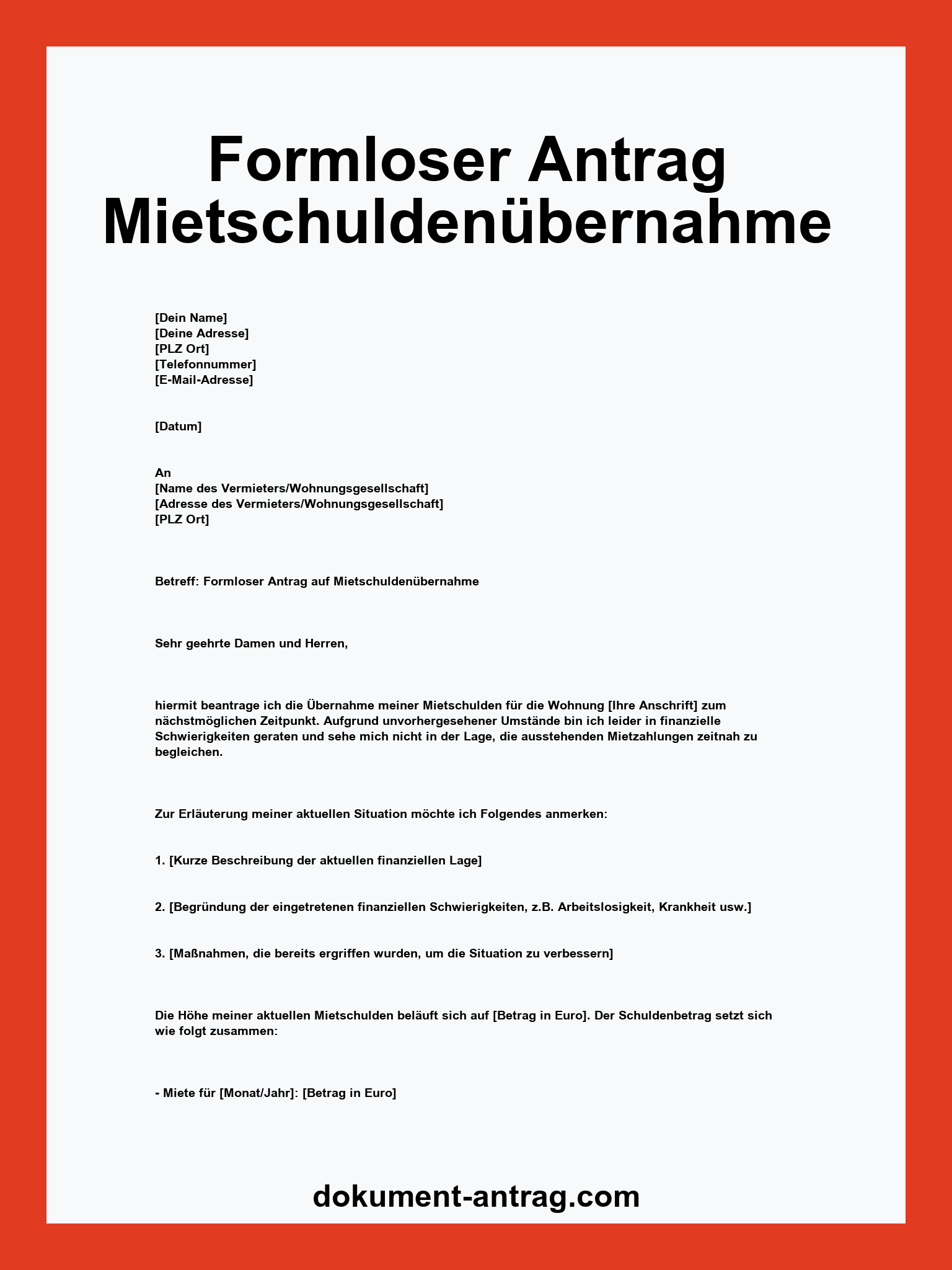 Formloser Antrag Mietschuldenübernahme Muster
