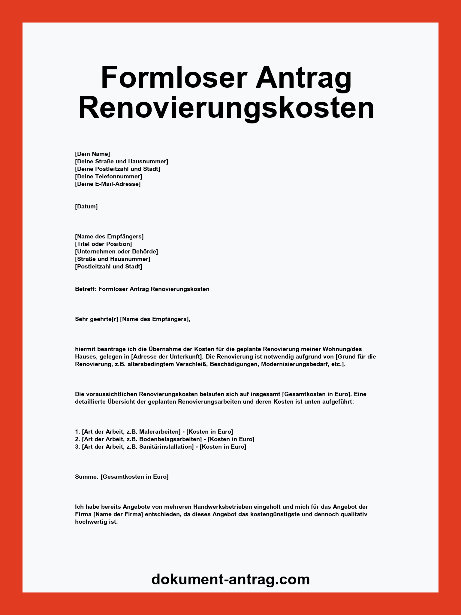 Formloser Antrag Renovierungskosten Muster