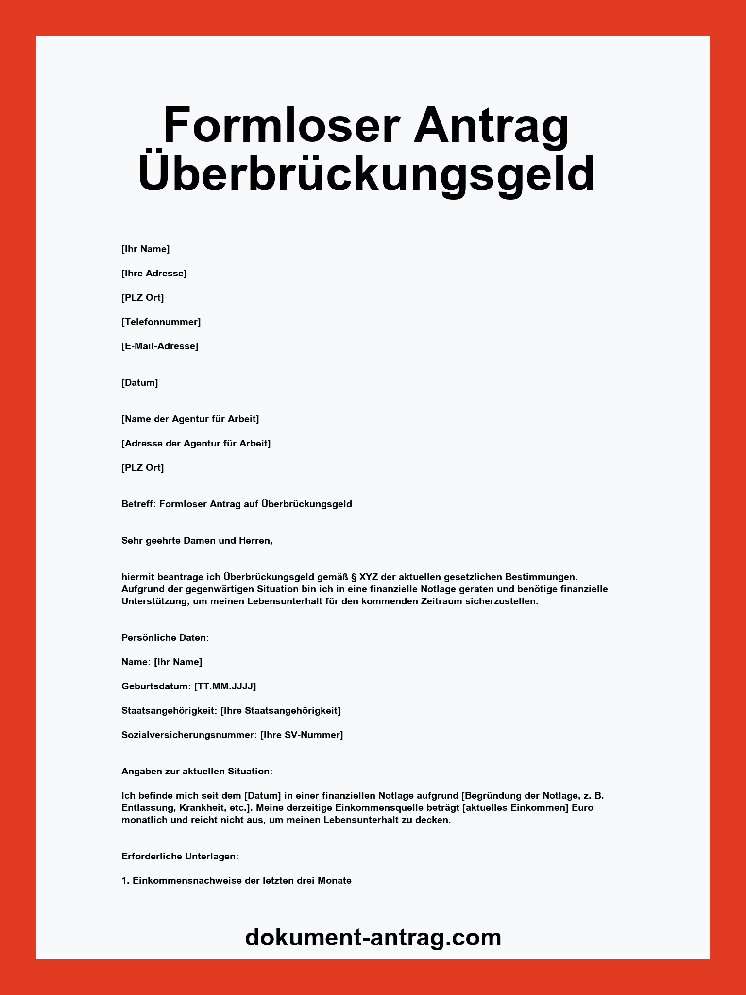 Formloser Antrag Überbrückungsgeld