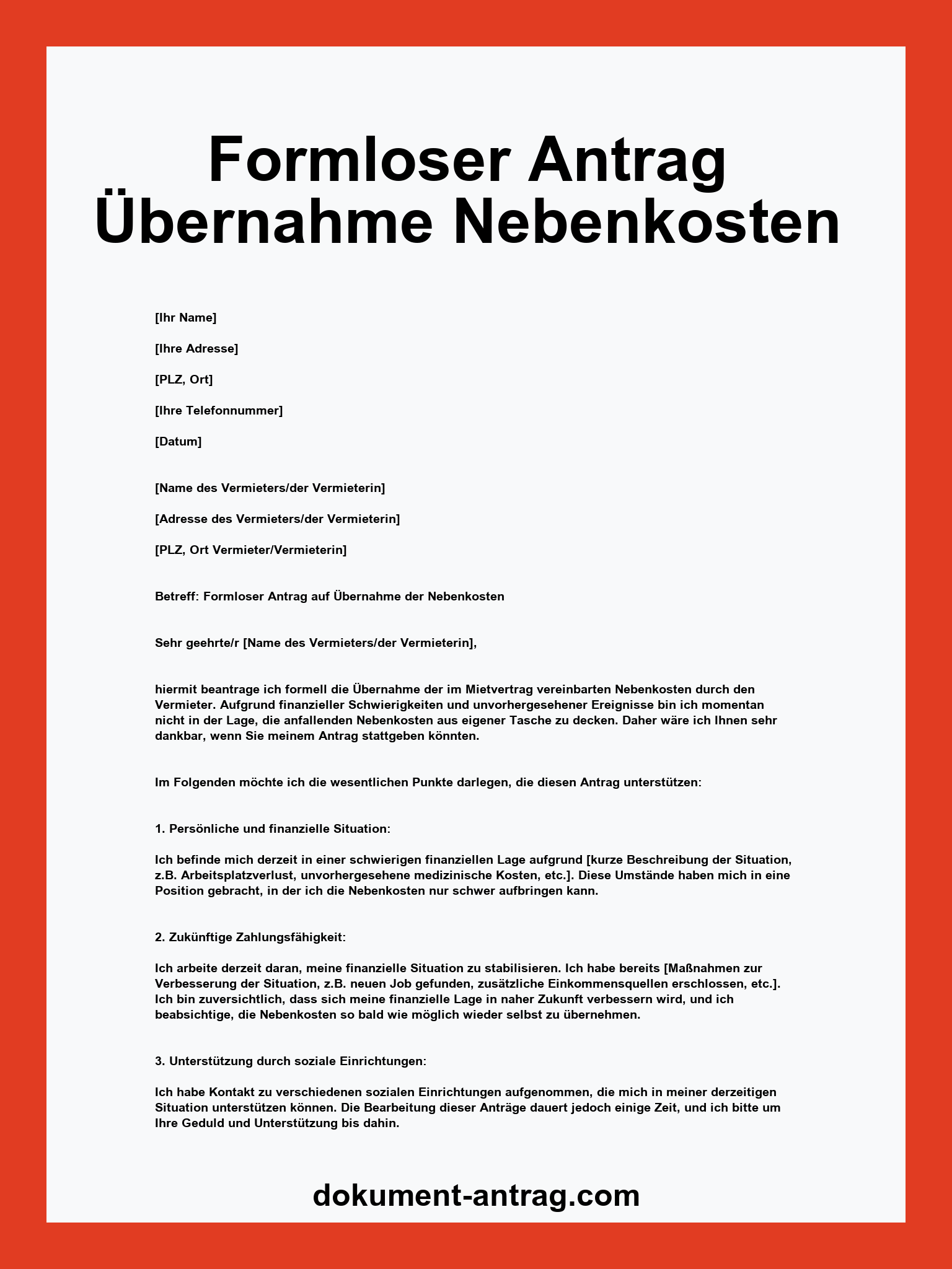 Formloser Antrag Übernahme Nebenkosten Pdf