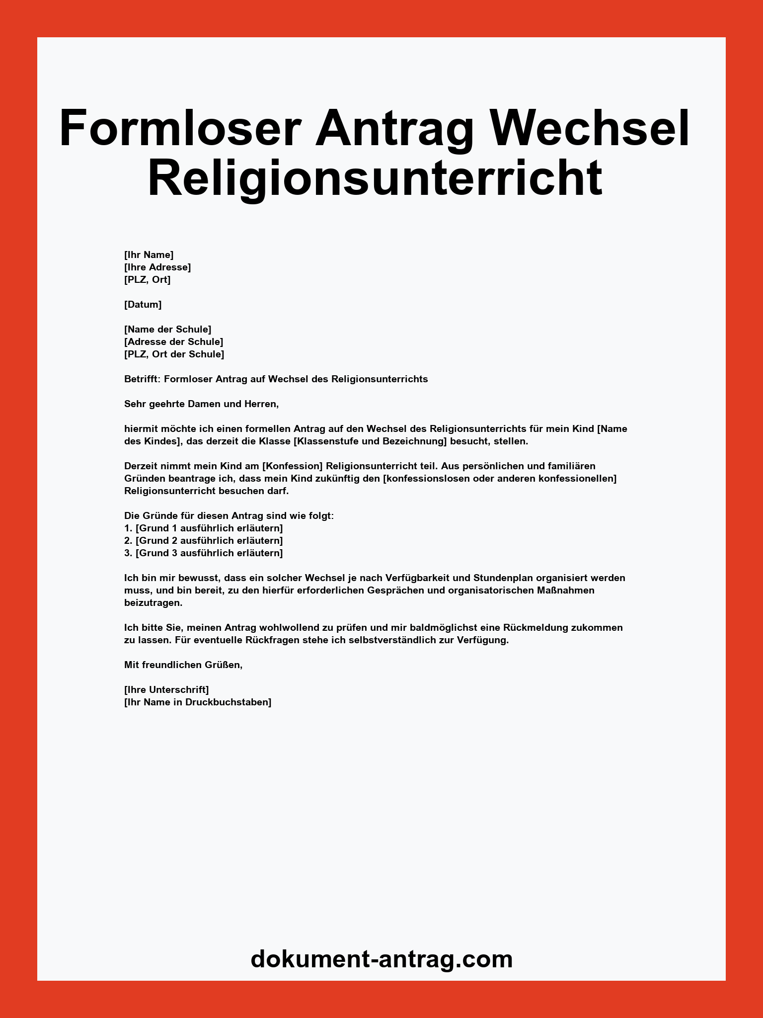 Formloser Antrag Wechsel Religionsunterricht