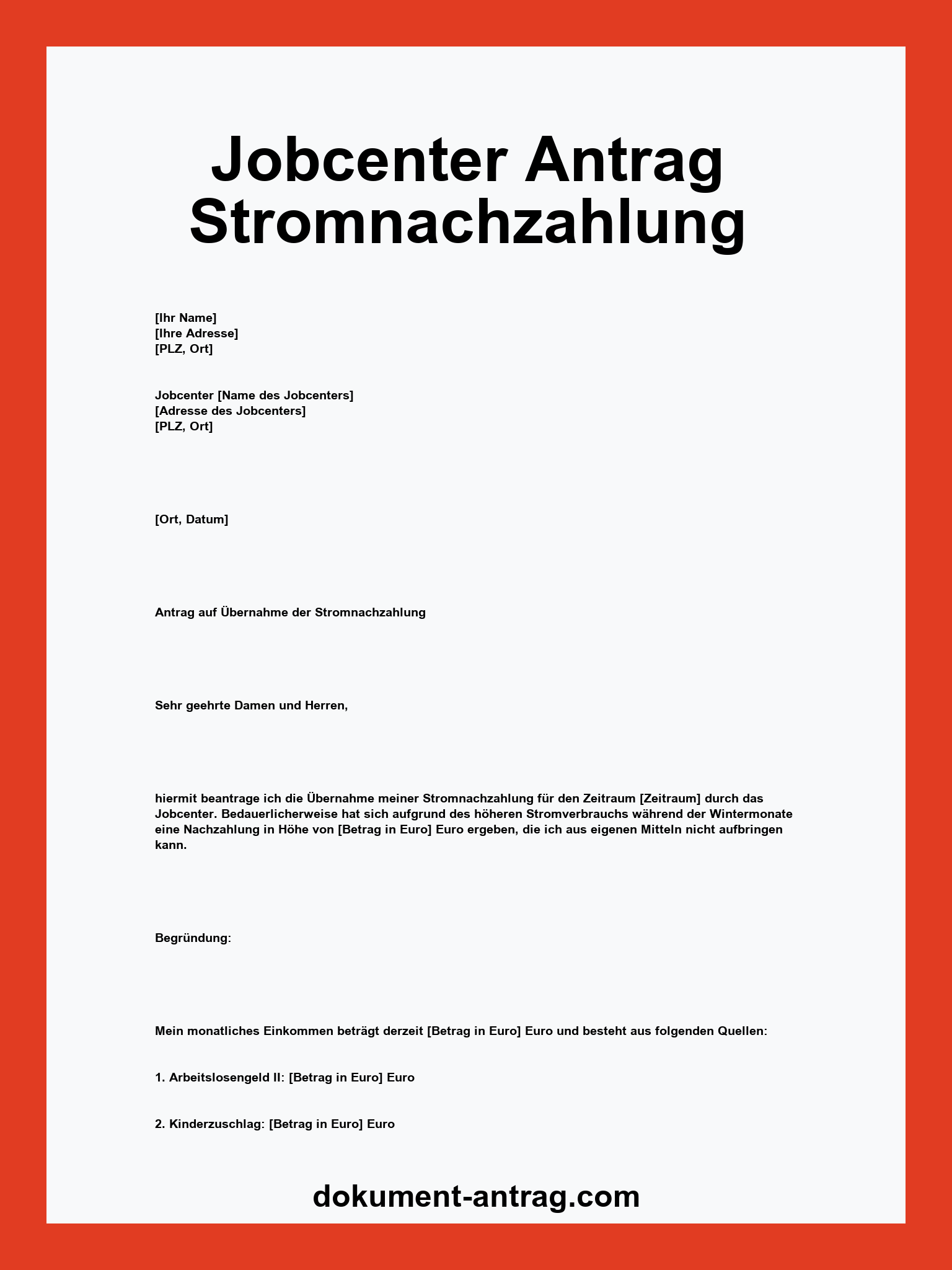 Jobcenter Antrag Stromnachzahlung Muster